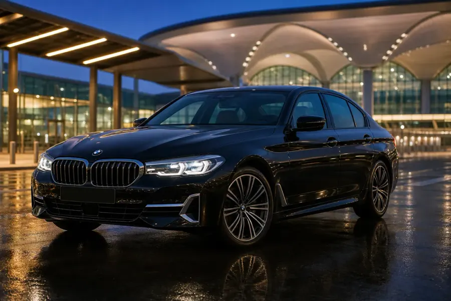İstanbul Havalimanı önünde siyah BMW 5 Serisi transfer aracı
