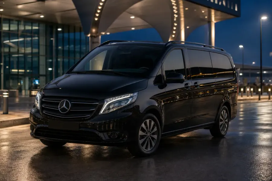 İstanbul Havalimanı önünde siyah Mercedes-Benz Vito transfer aracı